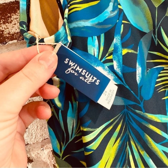 Swimsuits for all Side-Tie Adjustable Tankini Top Blue Green Tropical Pattern 24 - Picture 13 of 16